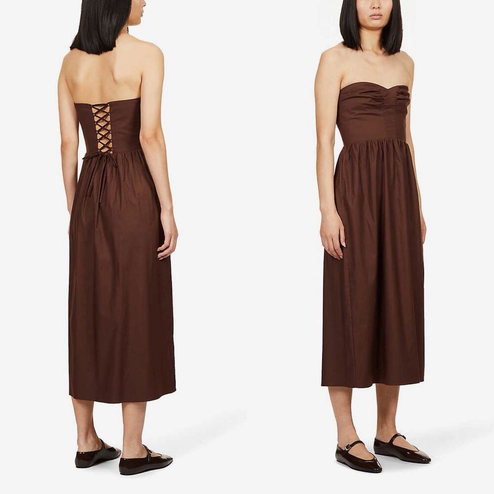 Reformation Buckley Strapless Midi Dress Brown Stretch Organic Cotton Size 2 New